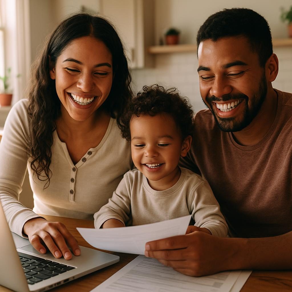 A smiling family at their kitchen table reviewing their benefits on a laptop
