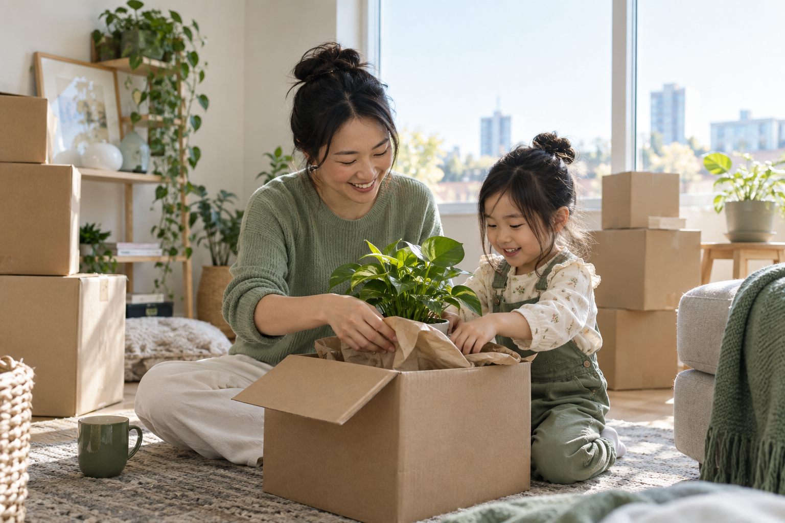A mother and daughter unpacking a plant in their new home