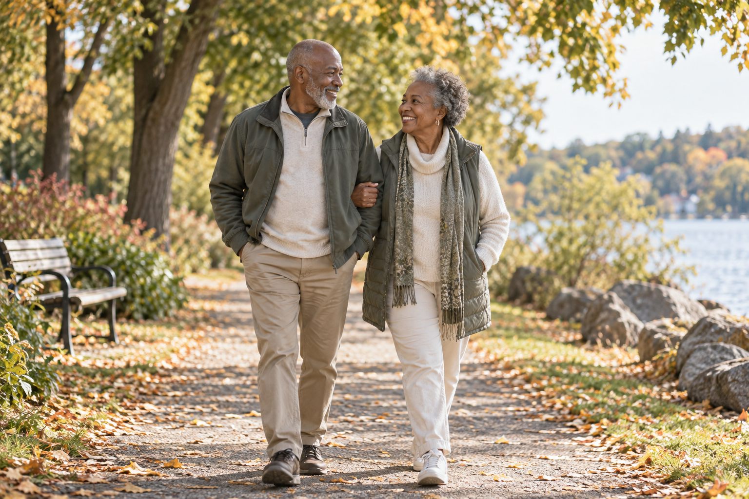 An older couple enjoying an autumn walk beside a lake